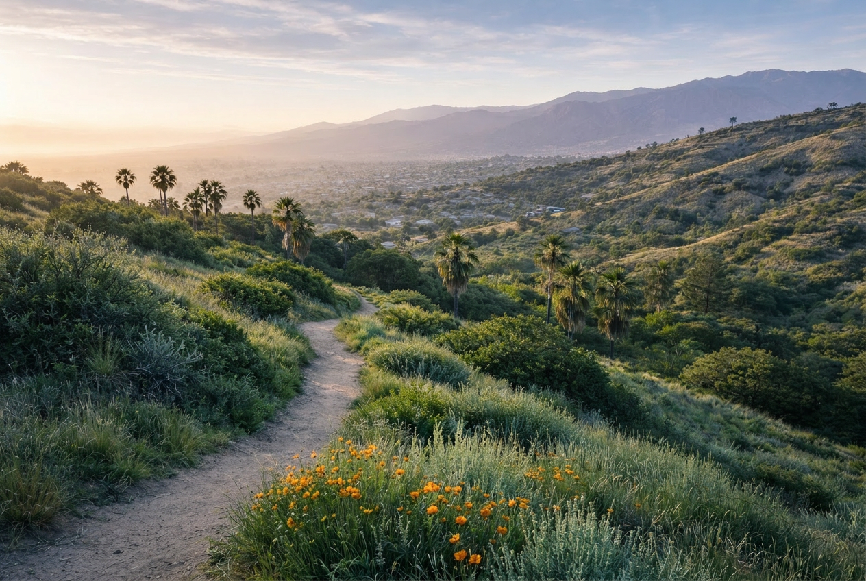 Sunrise over a hillside trail with wildflowers and palms